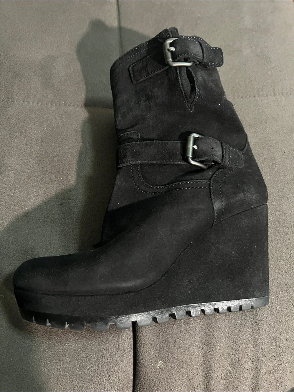 PRADA Black Suede Wedge Ankle Boots with Buckle Strap - Picture 2 of 8
